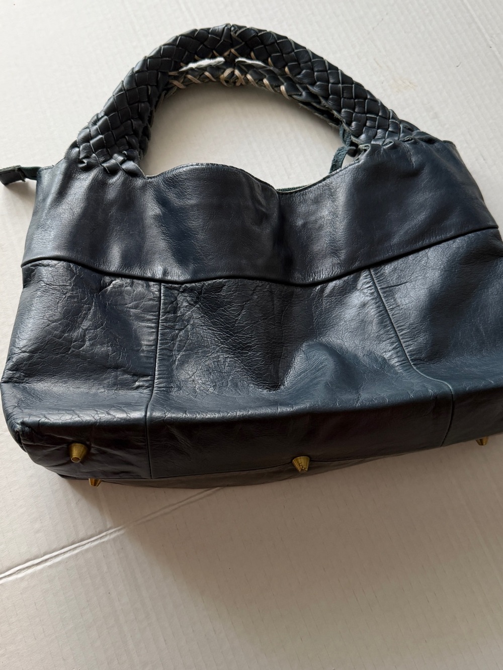Braided-Handle Black Leather Shoulder Bag